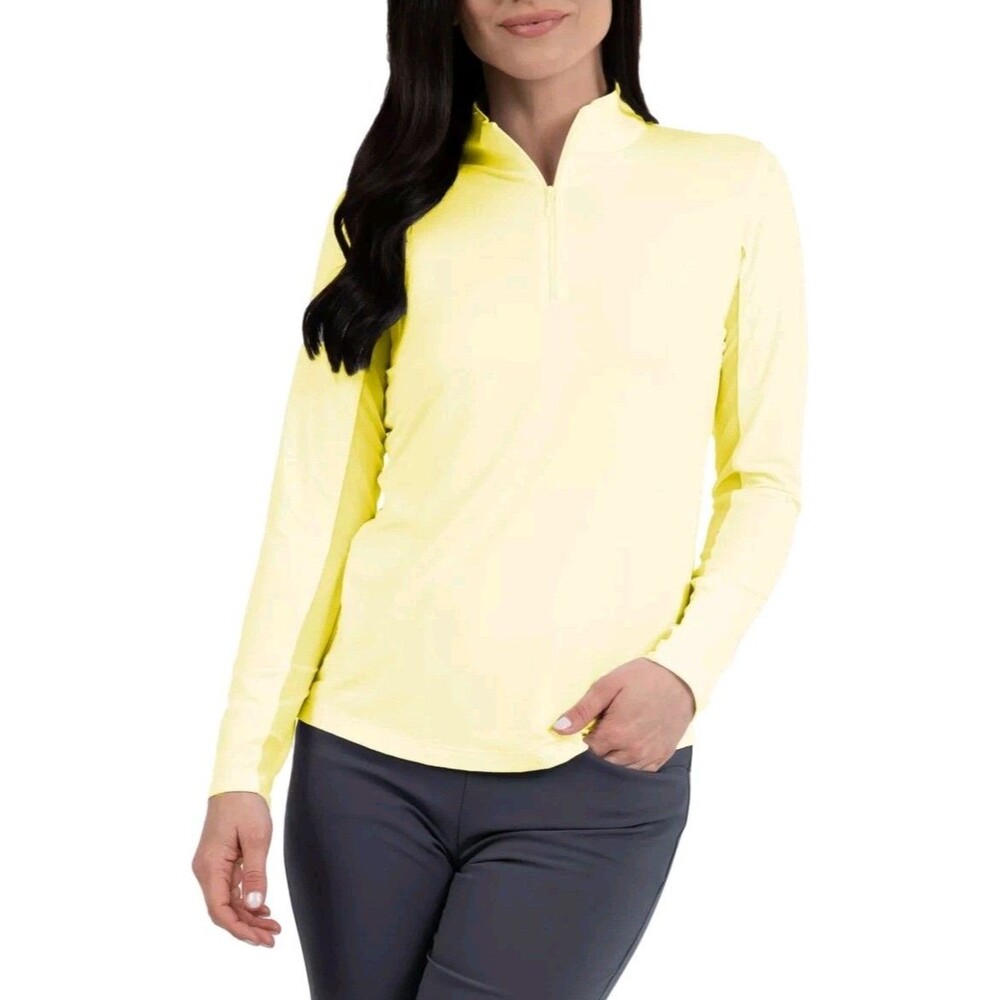IBKUL Pullover Women's L Yellow Mesh Panel Mock Neck 1/4 Zip Golf Tennis Preppy